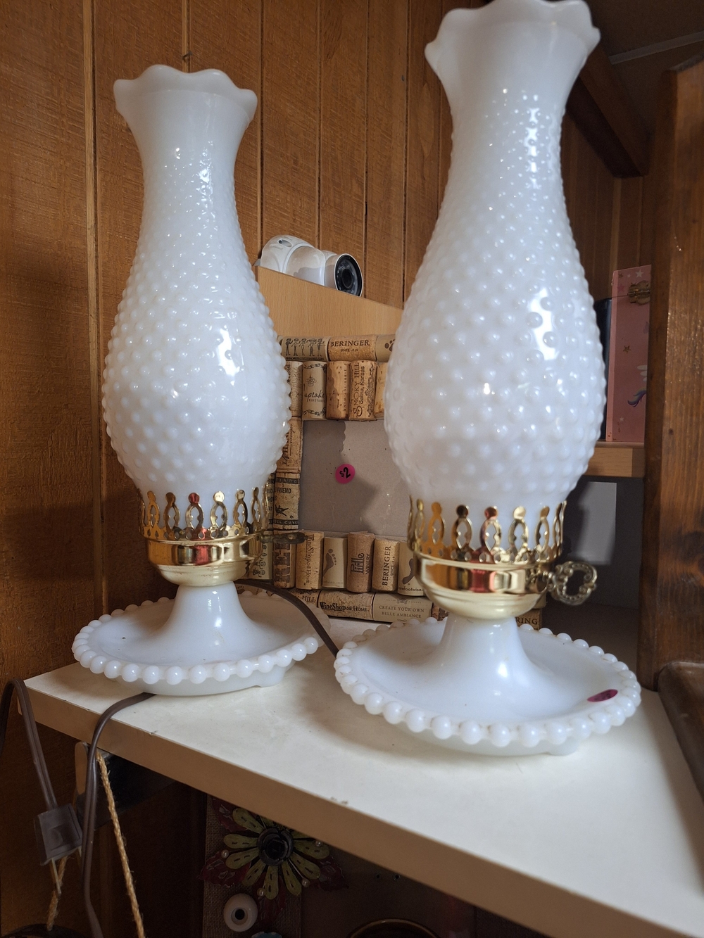 White Hobnail Milk Glass Lantern-Style Table Lanterns with Gold Trim